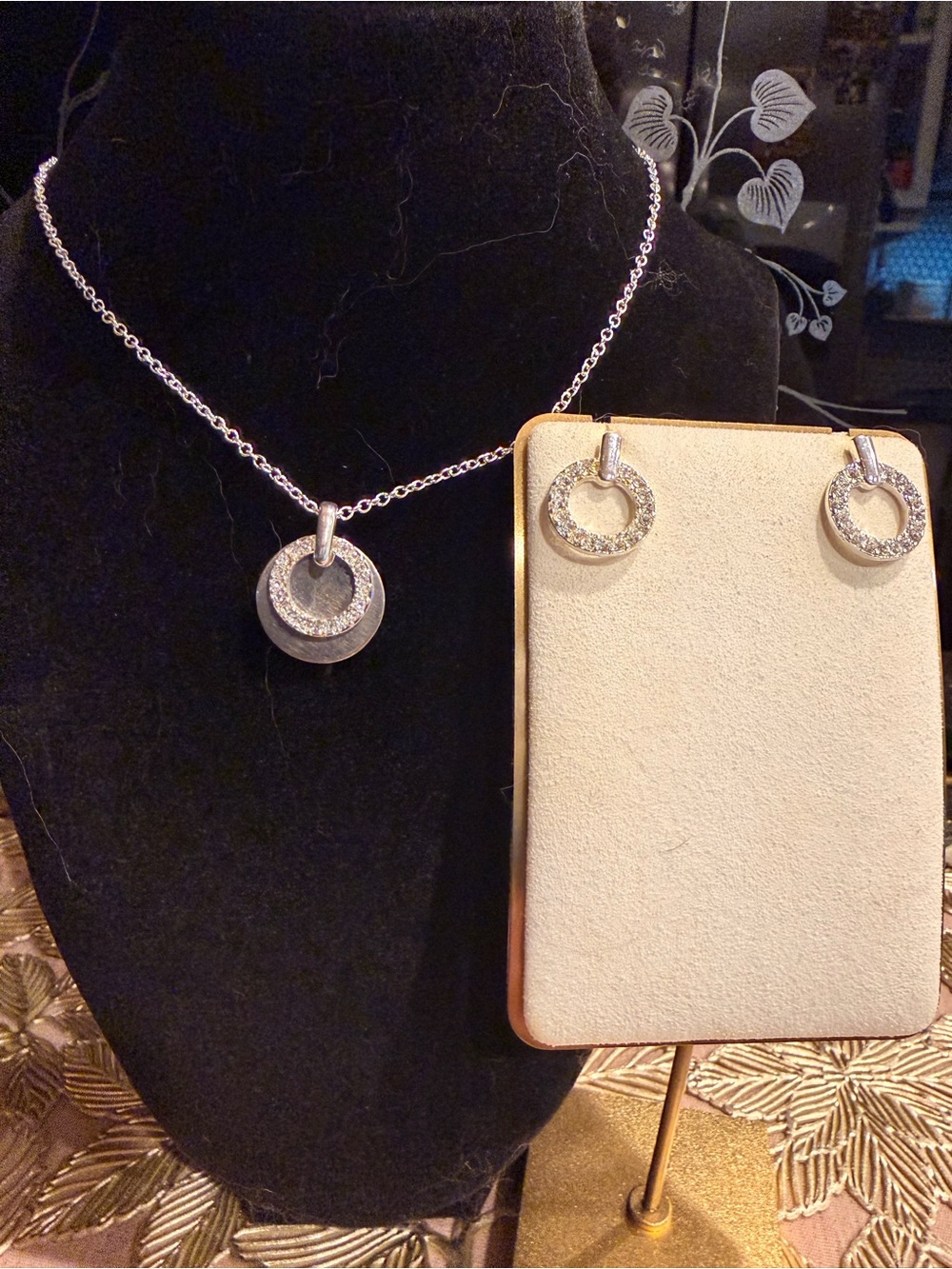 Avon Silver Crystal Circle Pendant Necklace and Earring Set - Silver
